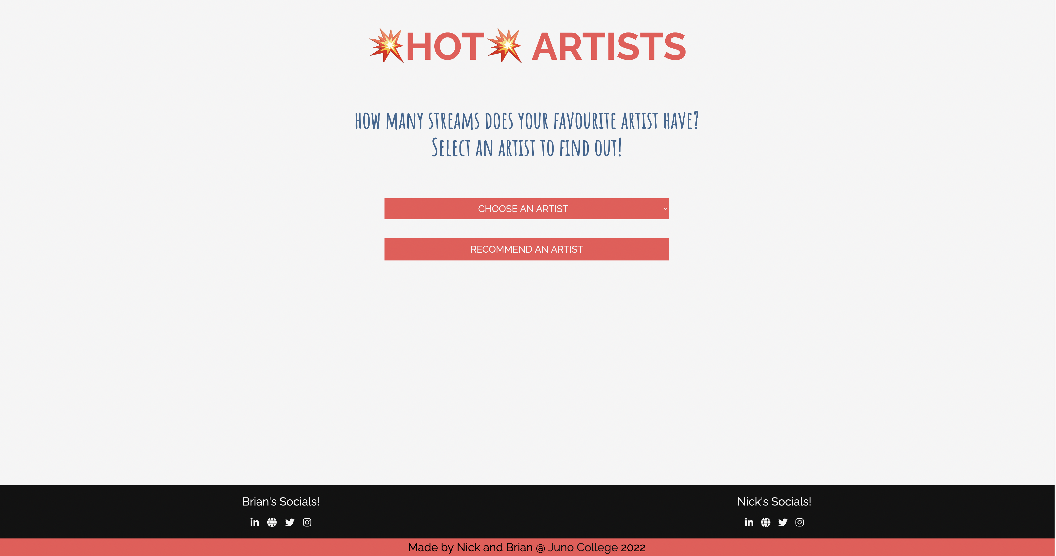 Project 'Hot Artist App' home landing page